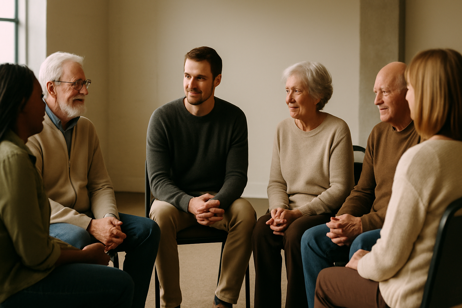 cinematic Vibes addiction recovery hopeful overcoming together Details not in crisis relaxed not doing an activity group meeting like AA circled up wi-1