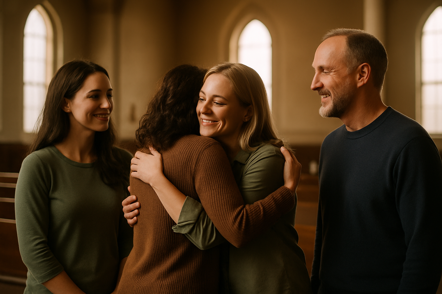 cinematic Vibes church group hopeful overcoming together Details not in crisis relaxed not doing an activity only two or three individuals no hats not-1