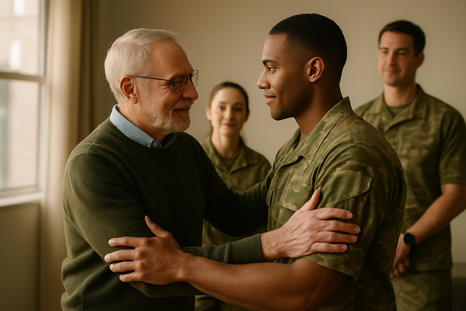 cinematic Vibes military hopeful overcoming together Details not in combat relaxed not doing an activity only two or three individuals in uniform but-Jan-29-2026-07-28-54-8699-PM