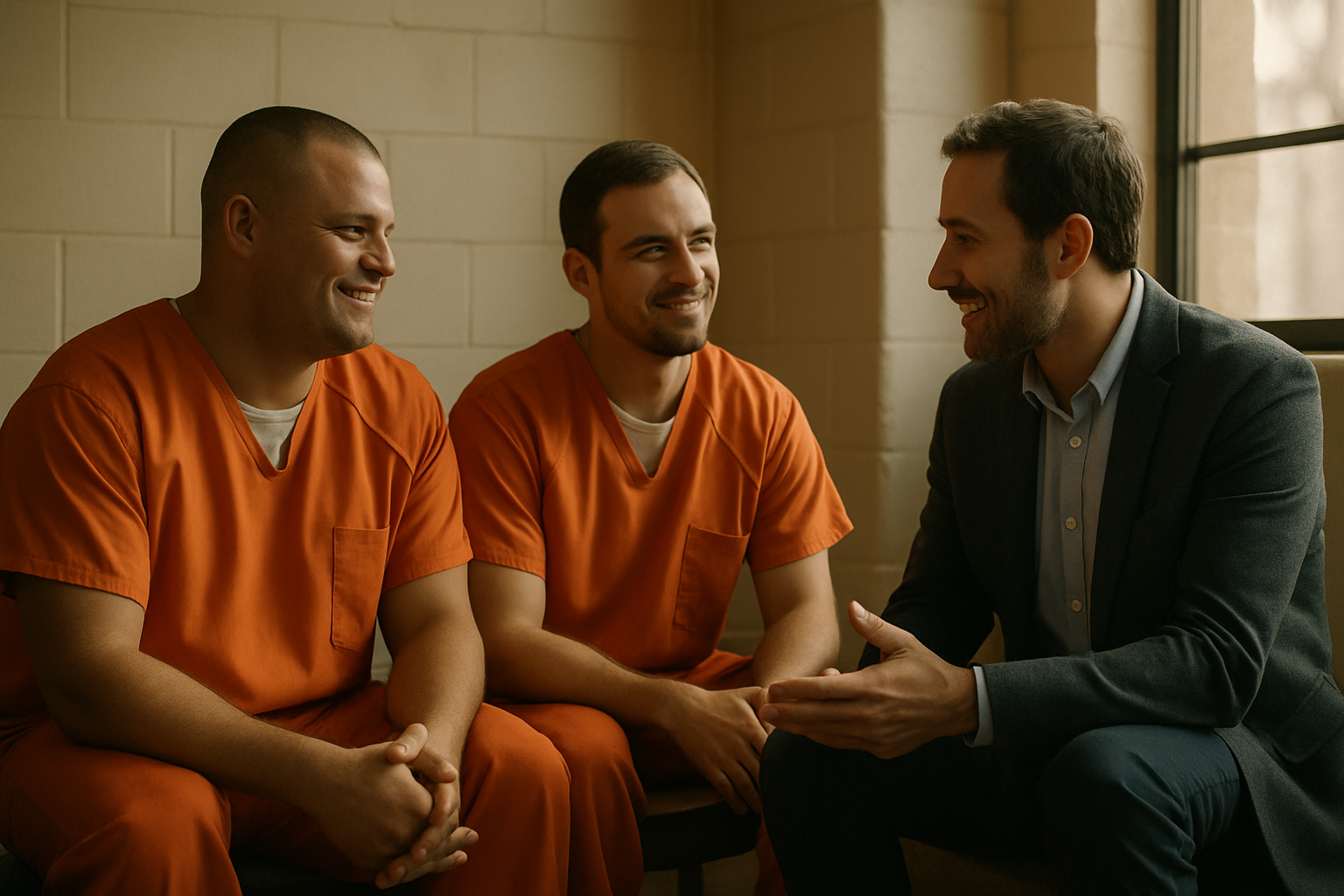 cinematic Vibes prisoners hopeful overcoming together Details not in crisis relaxed not doing an activity only two or three individuals no hats not ne-3